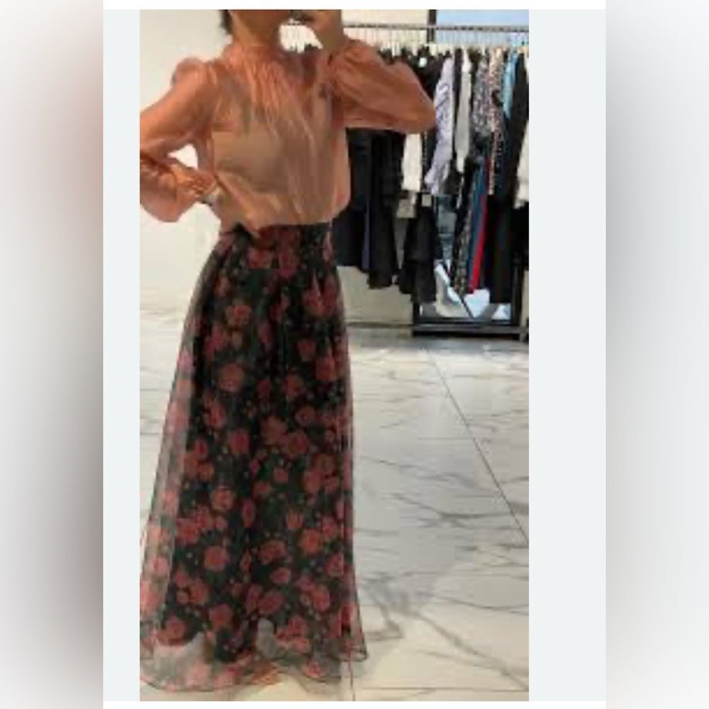 NEW Gracia Women's Black Red Floral Print Tulle Mesh Maxi Skirt Size M